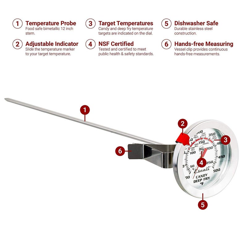 Escali AHC2 Stainless Steel Deep Frying and Candy Thermometer with Pot Clip, 12-Inch Probe with Candy Temperature Zones, NSF Certified - Image 2